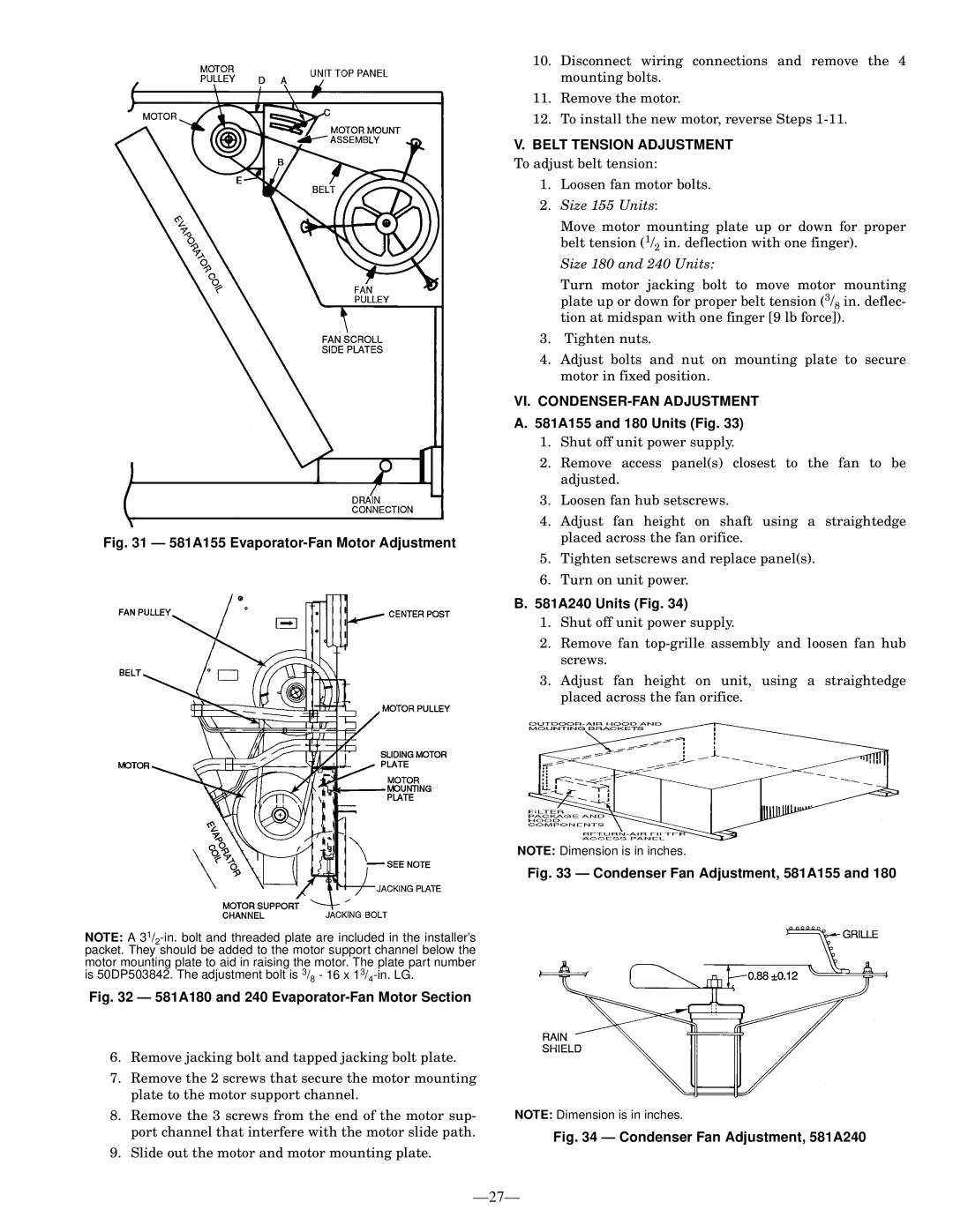 Bryant Belt Tension Adjustment, VI. CONDENSER-FAN Adjustment, 581A155 and 180 Units Fig, 581A240 Units Fig 