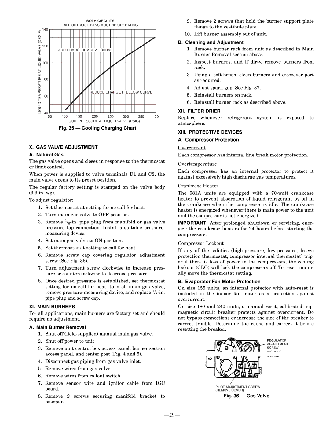 Bryant 581A operation manual GAS Valve Adjustment, XI. Main Burners, XII. Filter Drier, XIII. Protective Devices 