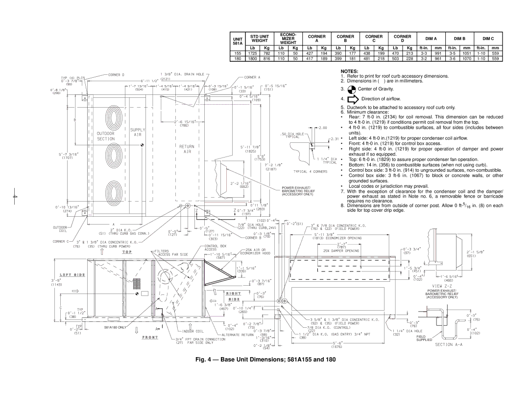 Bryant operation manual Base Unit Dimensions 581A155 