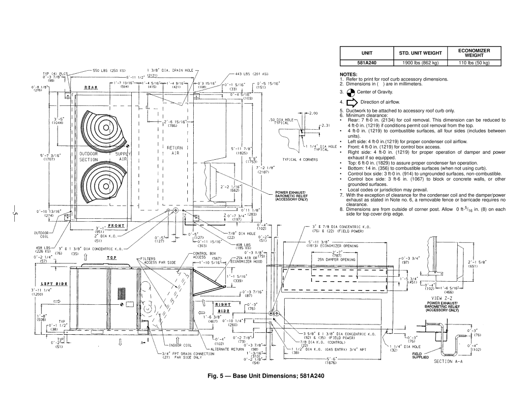 Bryant operation manual Base Unit Dimensions 581A240 