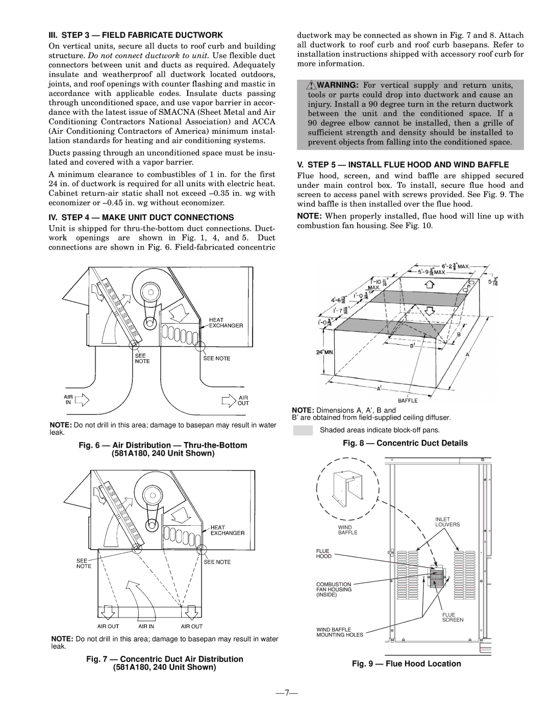 Bryant 581A III. Field Fabricate Ductwork, IV. Make Unit Duct Connections, Install Flue Hood and Wind Baffle 