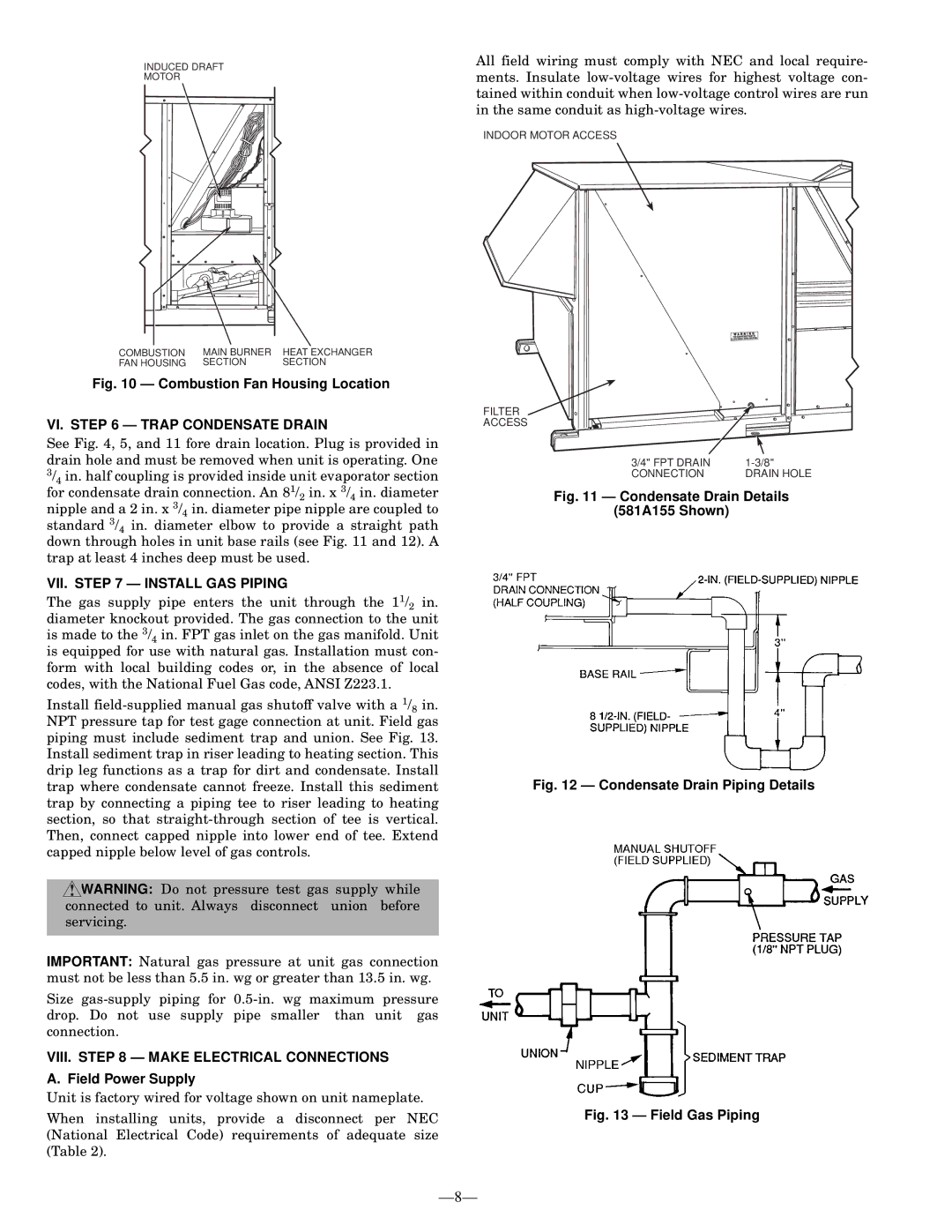 Bryant 581A VI. Trap Condensate Drain, VII. Install GAS Piping, VIII. Make Electrical Connections, Field Power Supply 