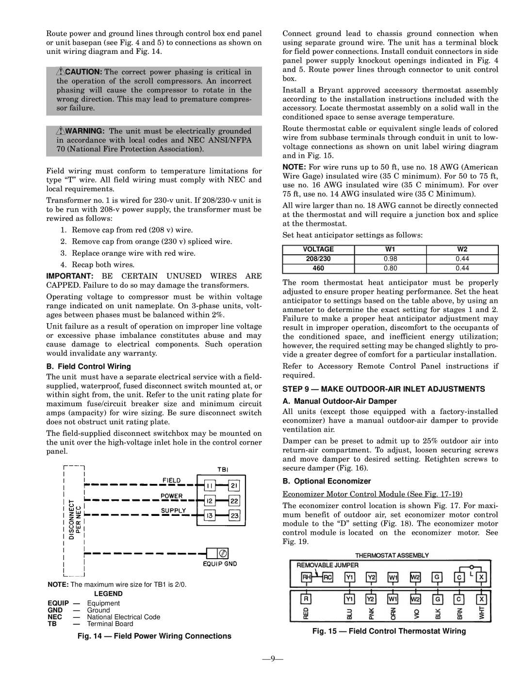 Bryant 581A Field Control Wiring, Make OUTDOOR-AIR Inlet Adjustments, Manual Outdoor-Air Damper, Optional Economizer 