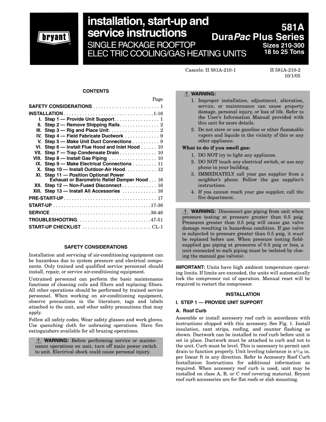 Bryant 581A operation manual Contents, Safety Considerations, Installation Provide Unit Support 