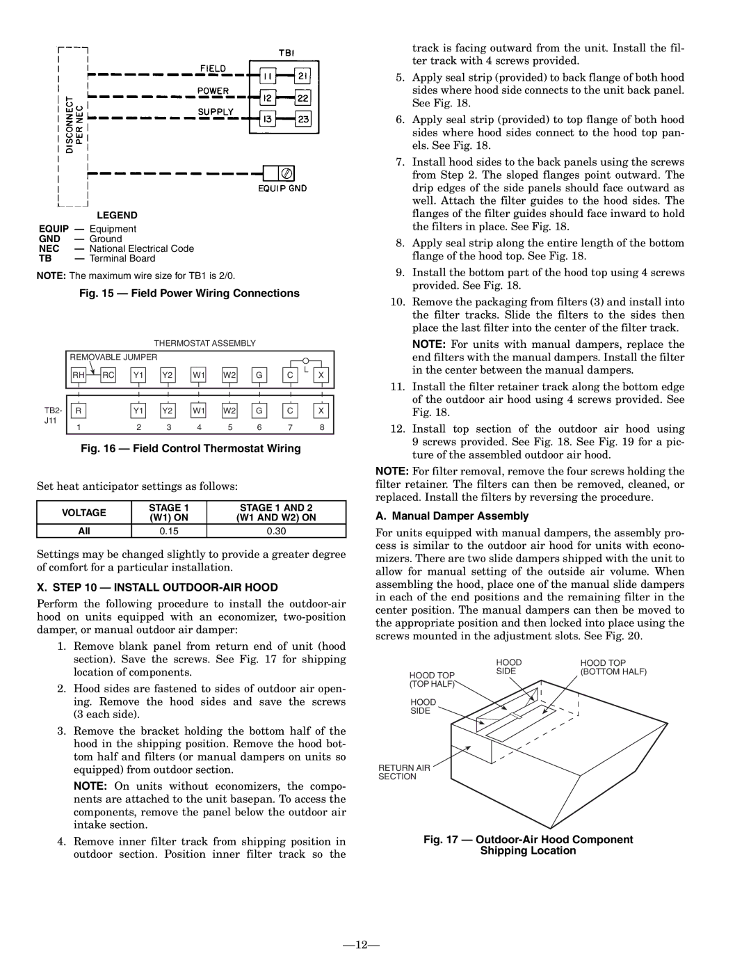 Bryant 581A operation manual Install OUTDOOR-AIR Hood, Manual Damper Assembly 