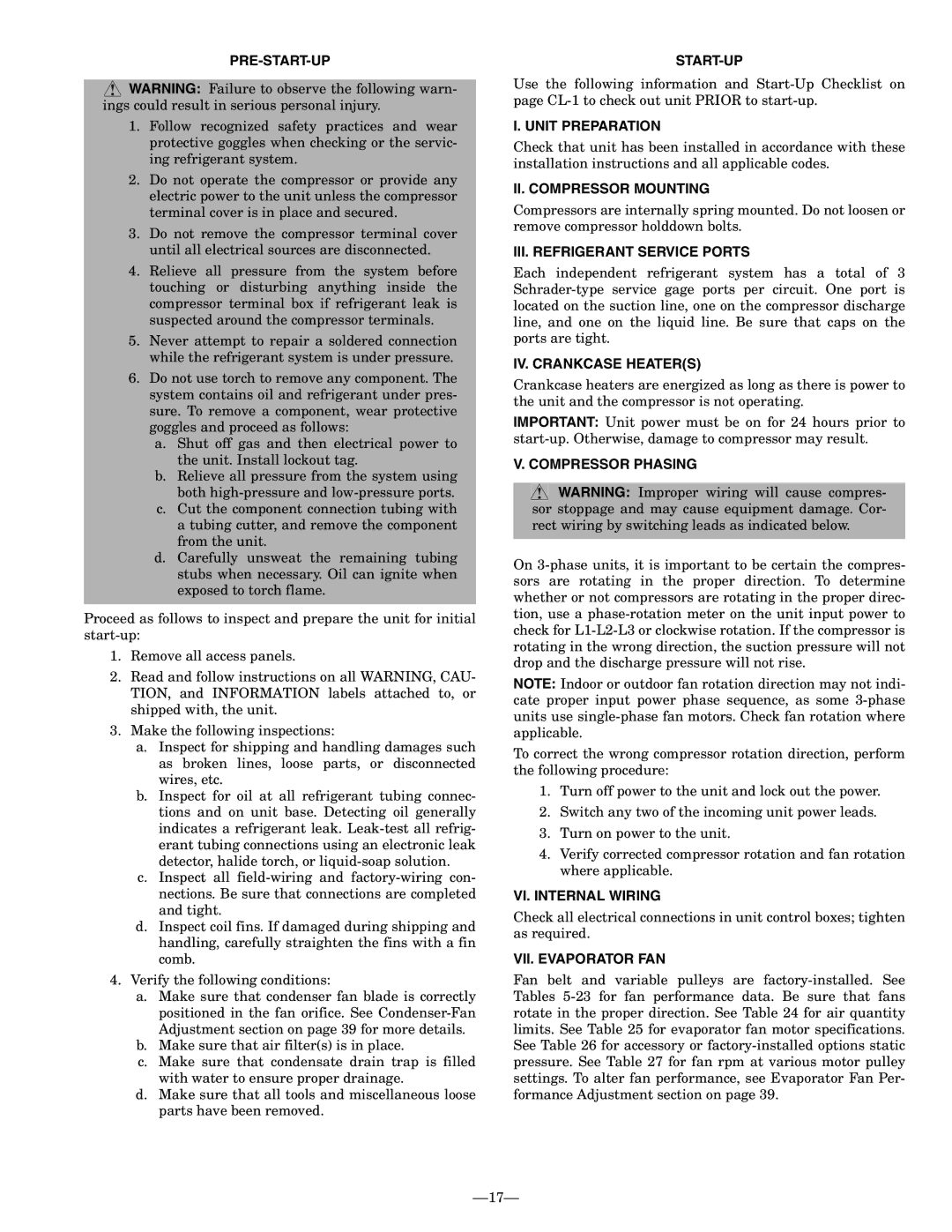 Bryant 581A Pre-Start-Up, Unit Preparation, II. Compressor Mounting, III. Refrigerant Service Ports, IV. Crankcase Heaters 