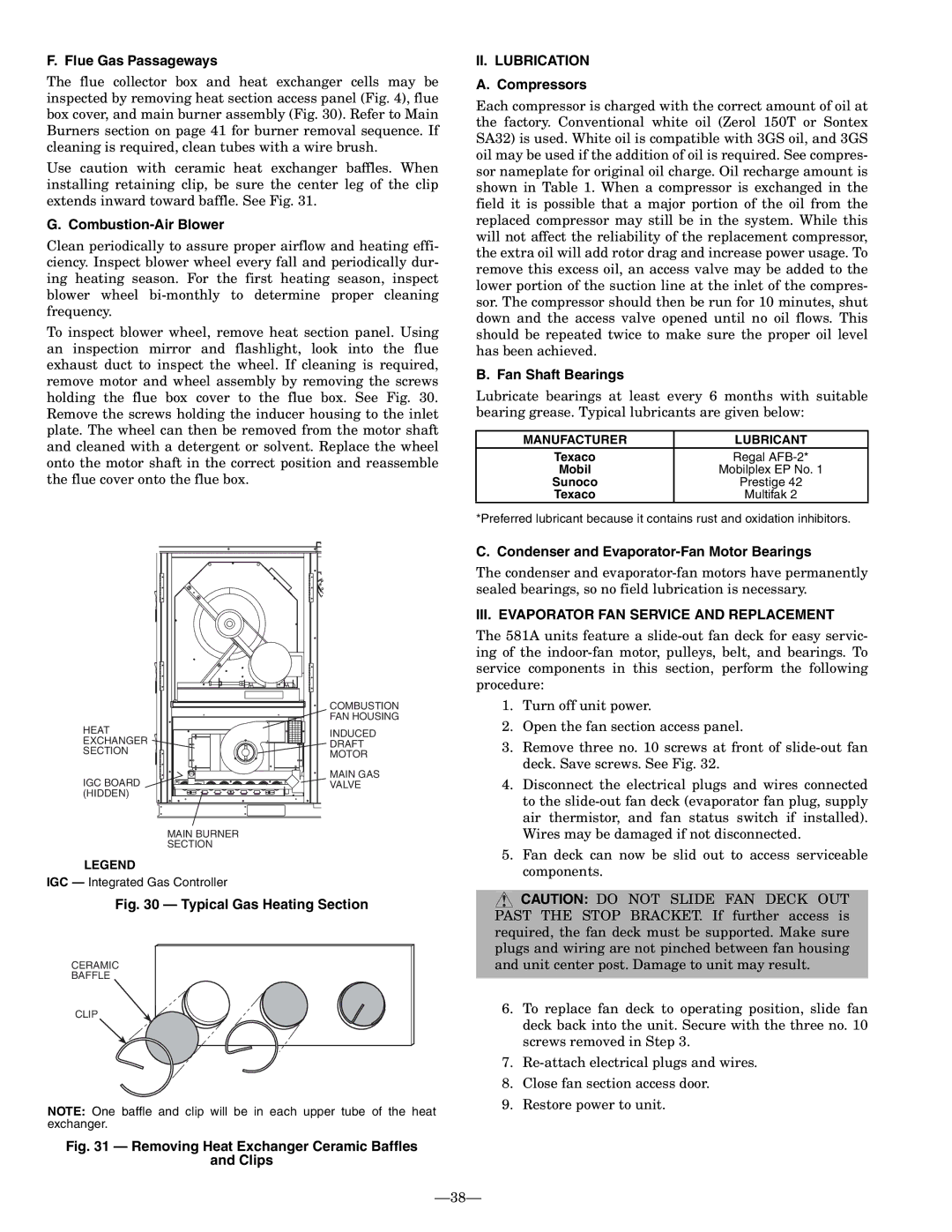 Bryant 581A operation manual II. Lubrication, III. Evaporator FAN Service and Replacement 