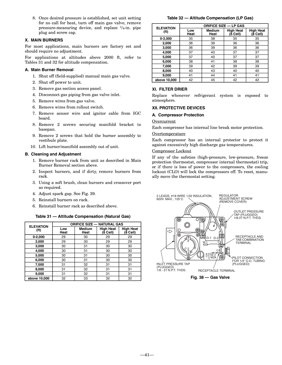 Bryant 581A operation manual Main Burners, XI. Filter Drier, XII. Protective Devices 