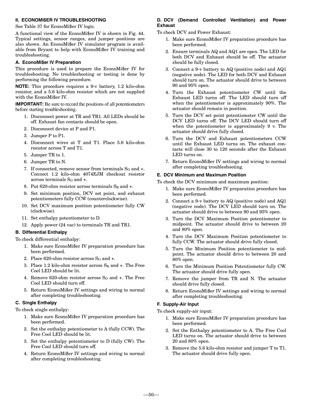 Bryant 581A operation manual II. ECONOMI$ER IV Troubleshooting 