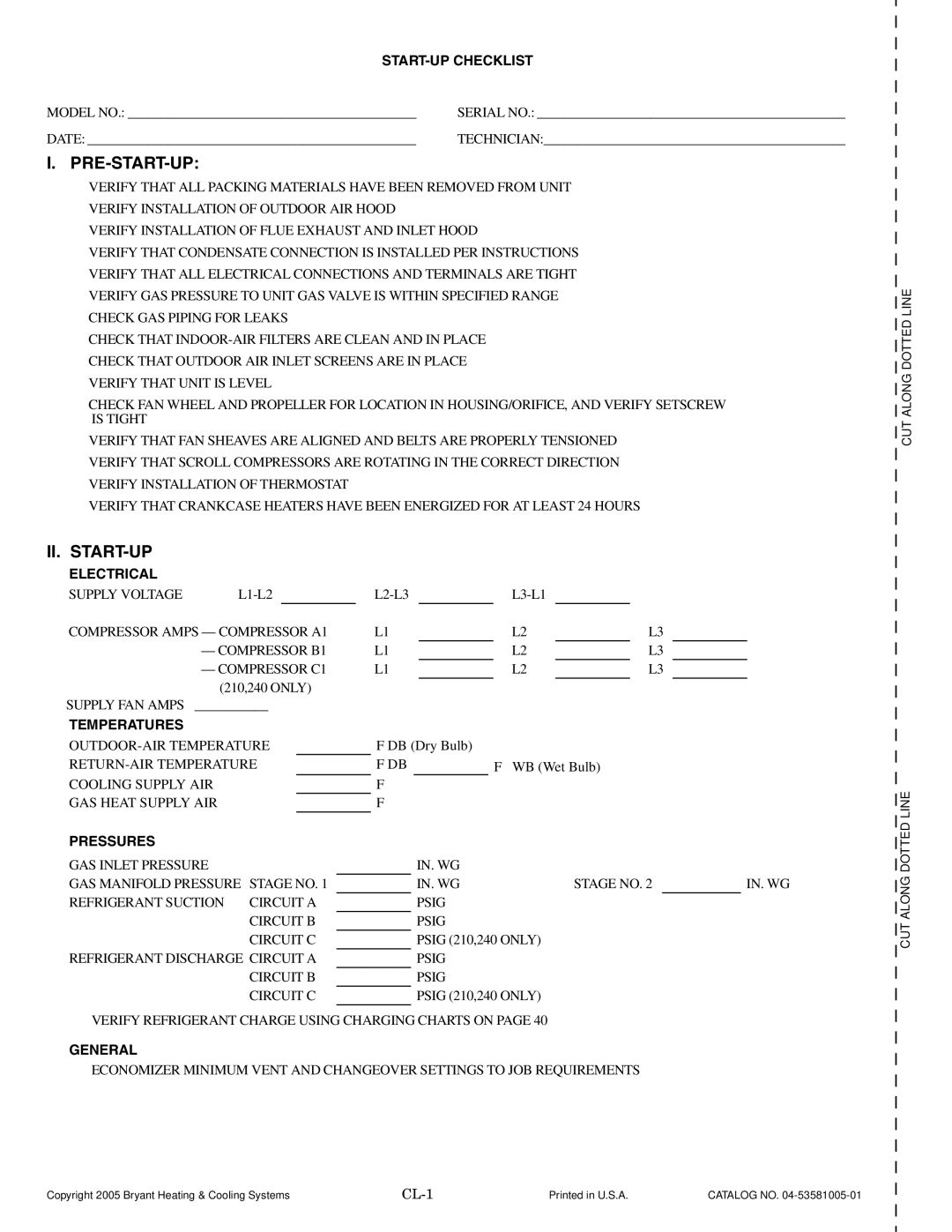 Bryant 581A operation manual START-UP Checklist, Electrical, Temperatures, Pressures, General 