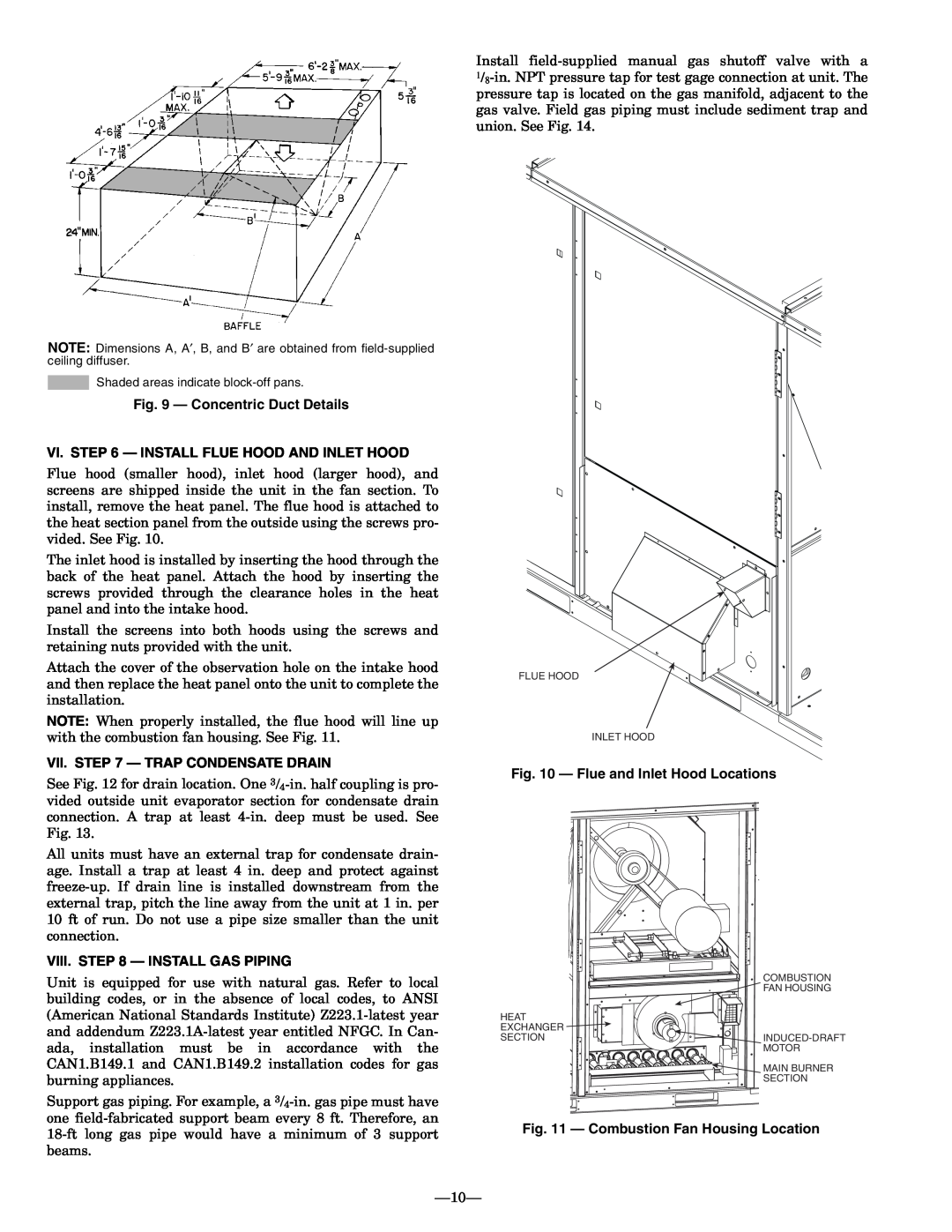 Bryant 581A operation manual Concentric Duct Details, Vi. - Install Flue Hood And Inlet Hood, Vii. - Trap Condensate Drain 