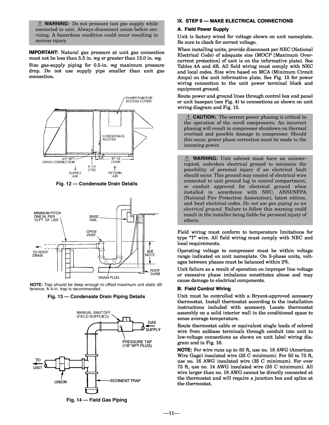 Bryant 581A Condensate Drain Details, Condensate Drain Piping Details, Field Gas Piping, Ix. - Make Electrical Connections 