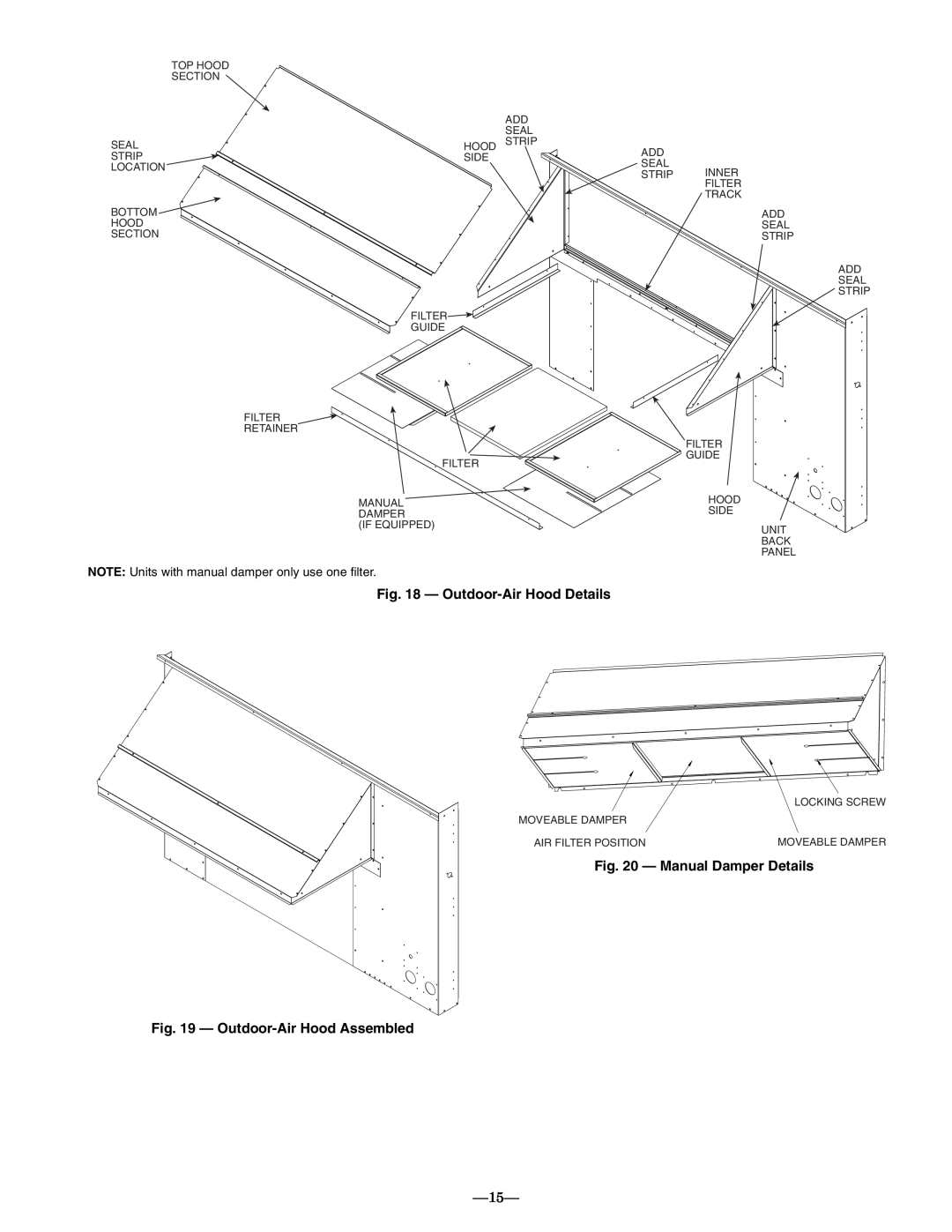 Bryant 581A operation manual Outdoor-AirHood Details, Manual Damper Details, Outdoor-AirHood Assembled 