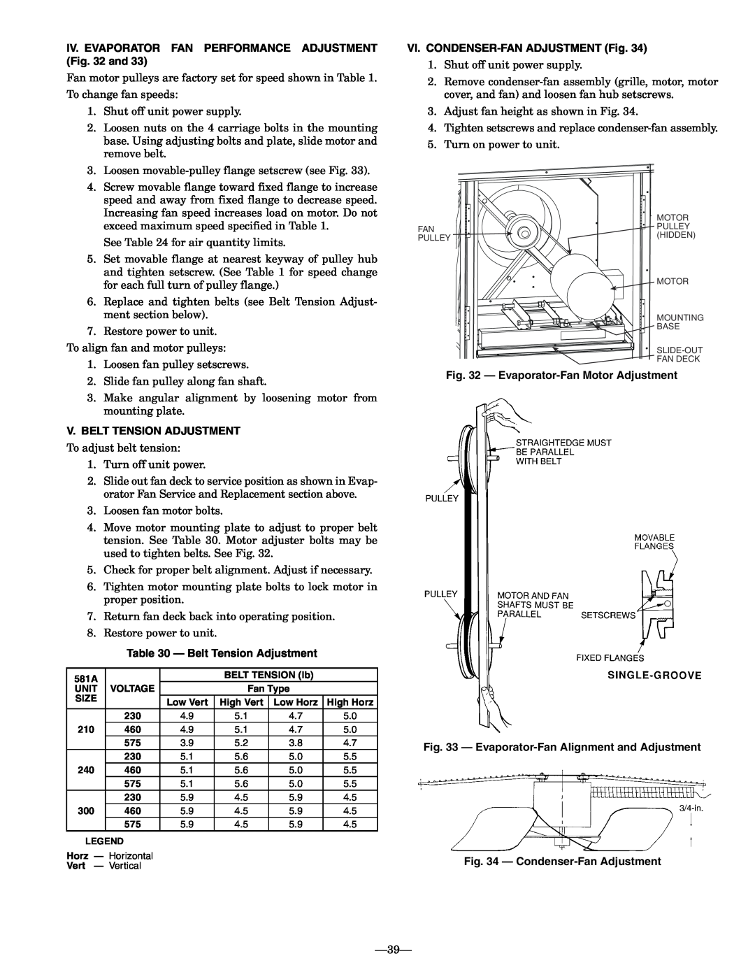 Bryant 581A operation manual V.Belt Tension Adjustment, VI. CONDENSER-FANADJUSTMENT Fig, Evaporator-FanMotor Adjustment 