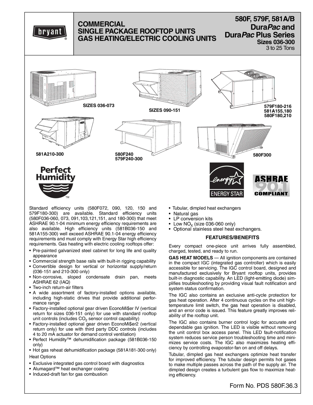 Bryant 581A/B manual Features/Benefits, Sizes, 579F180-216, 581A155,180, 580F180,210 