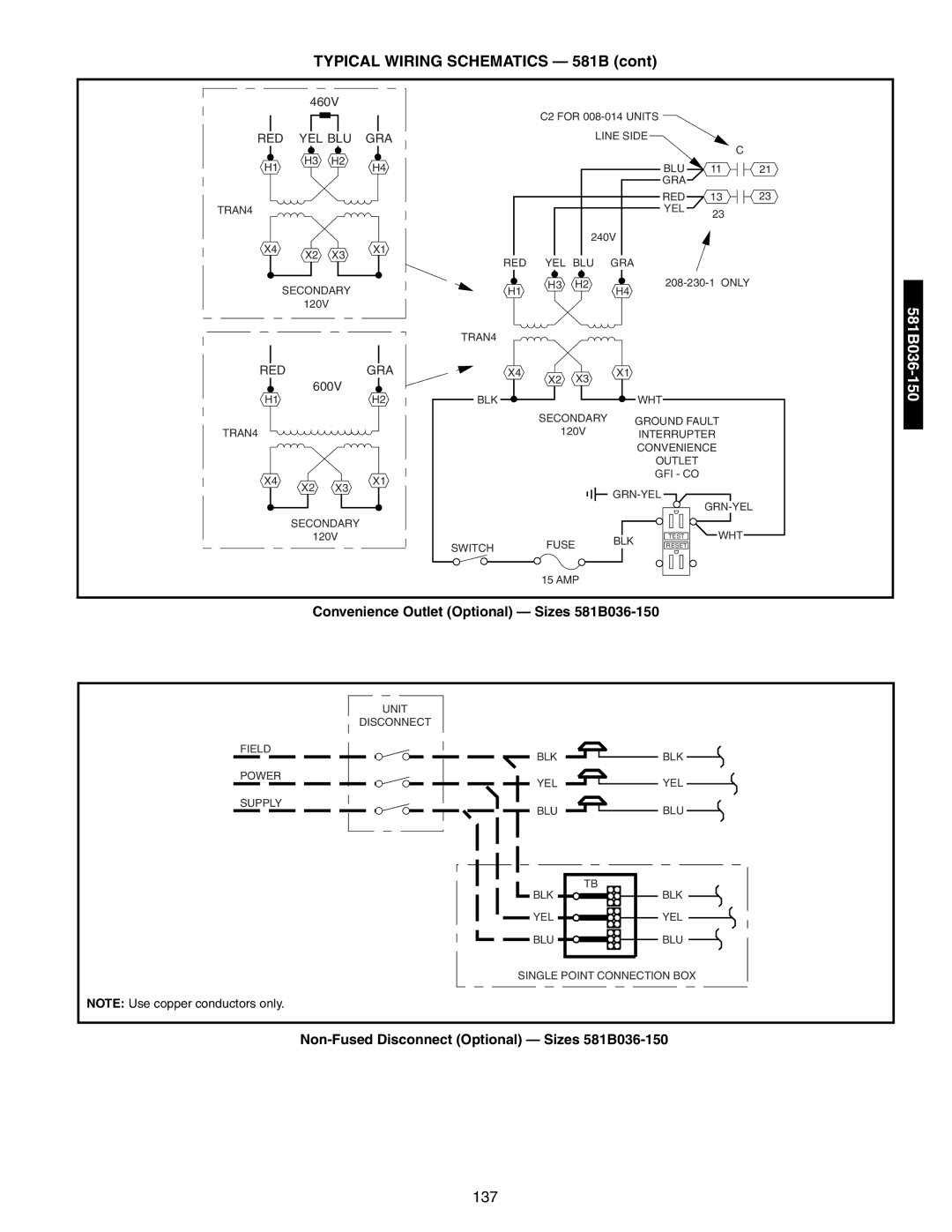 Bryant 581A/B manual Convenience Outlet Optional Sizes 581B036-150, Non-Fused Disconnect Optional Sizes 581B036-150 