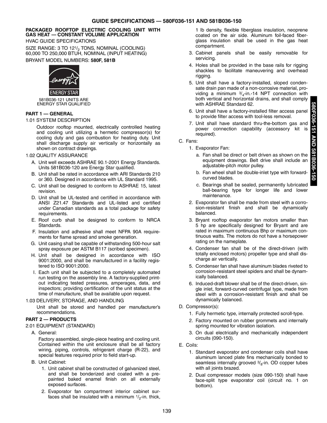 Bryant 581A/B manual Guide Specifications 580F036-151 and 581B036-150, Part 1 General, Part 2 Products 