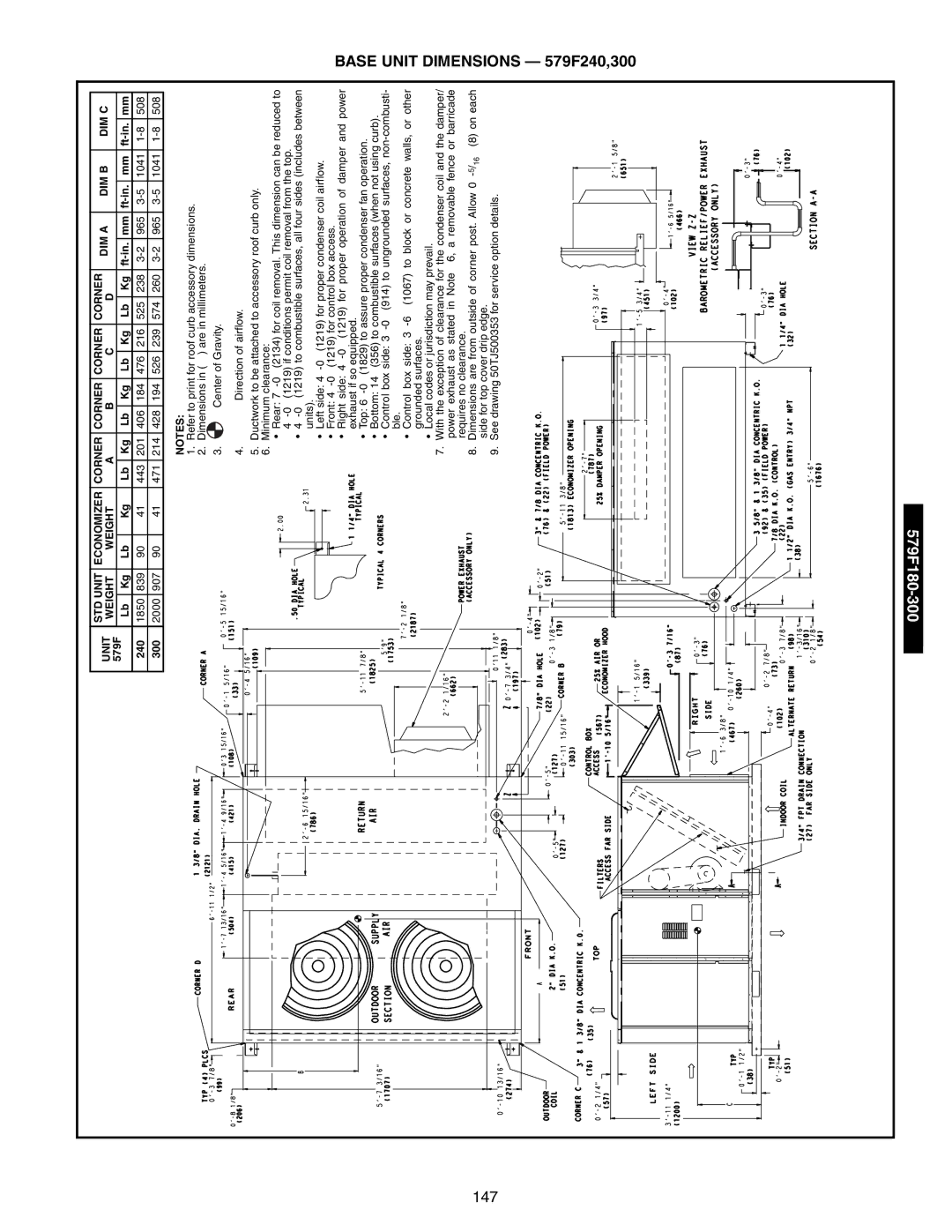 Bryant 581A/B manual Base Unit Dimensions 579F240,300, 300-579F180 