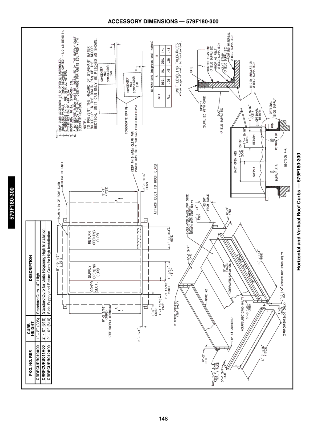 Bryant 581A/B manual Accessory Dimensions 579F180-300, Horizontal and Vertical Roof Curbs 579F180-300, CRRFCURB011A00 