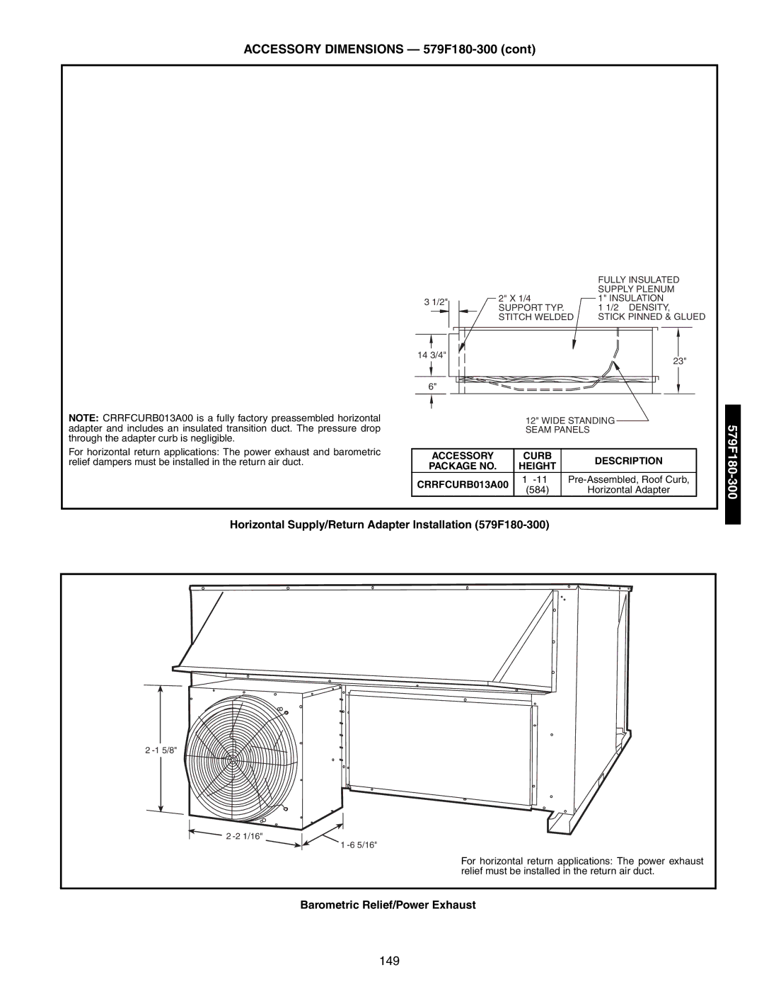 Bryant 581A/B manual Accessory Dimensions 579F180-300, Horizontal Supply/Return Adapter Installation 579F180-300 