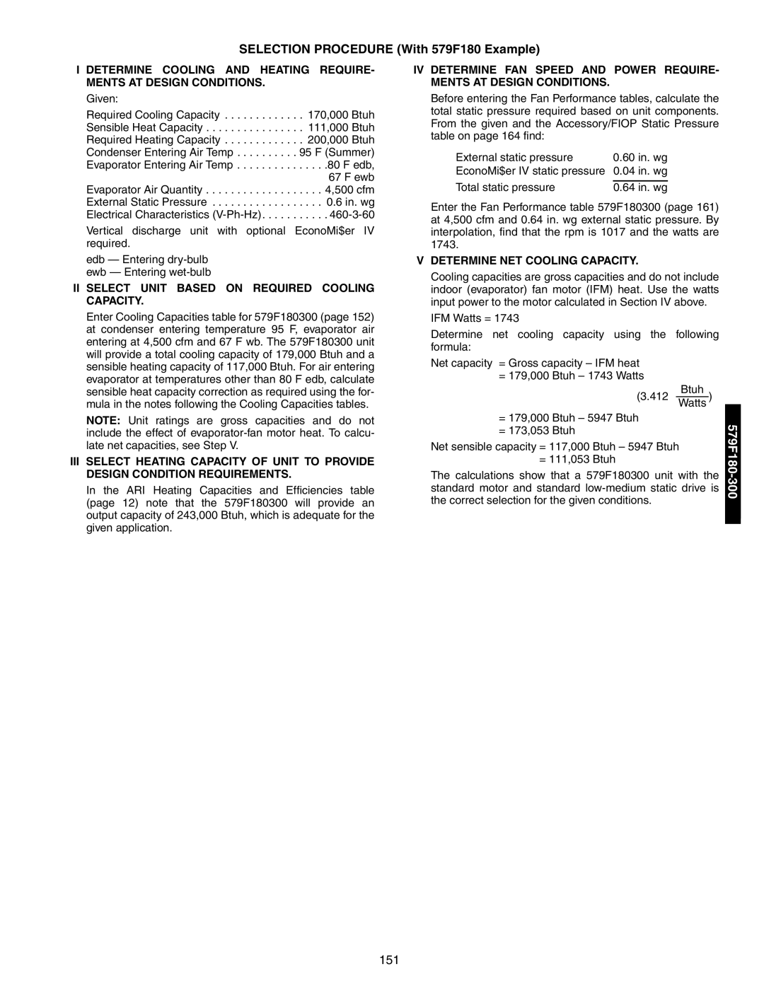 Bryant 581A/B manual Selection Procedure With 579F180 Example, II Select Unit Based on Required Cooling Capacity 