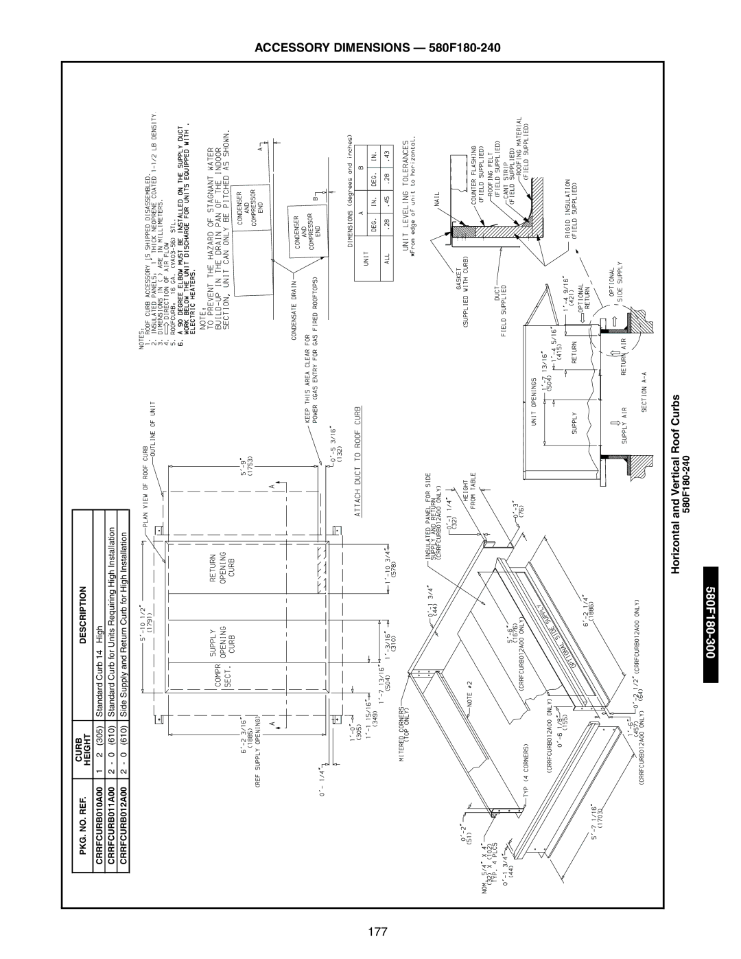 Bryant 581A/B manual 300-580F180, Accessory Dimensions 580F180-240, Horizontal and Vertical Roof Curbs 