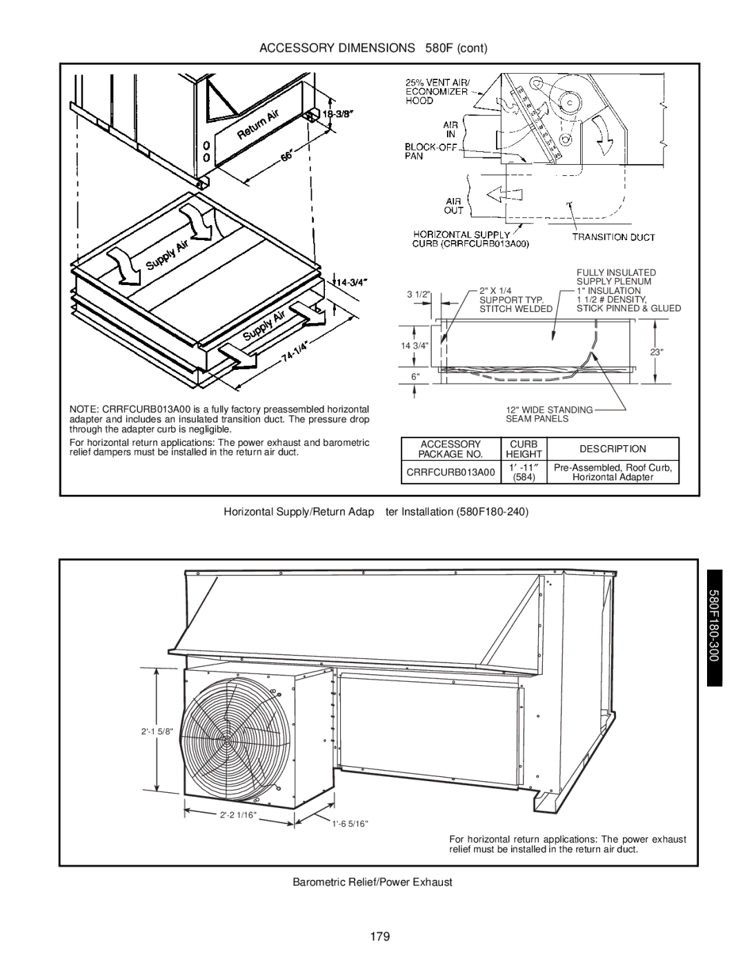 Bryant 581A/B manual Accessory Dimensions 580F, Horizontal Supply/Return Adapter Installation 580F180-240 