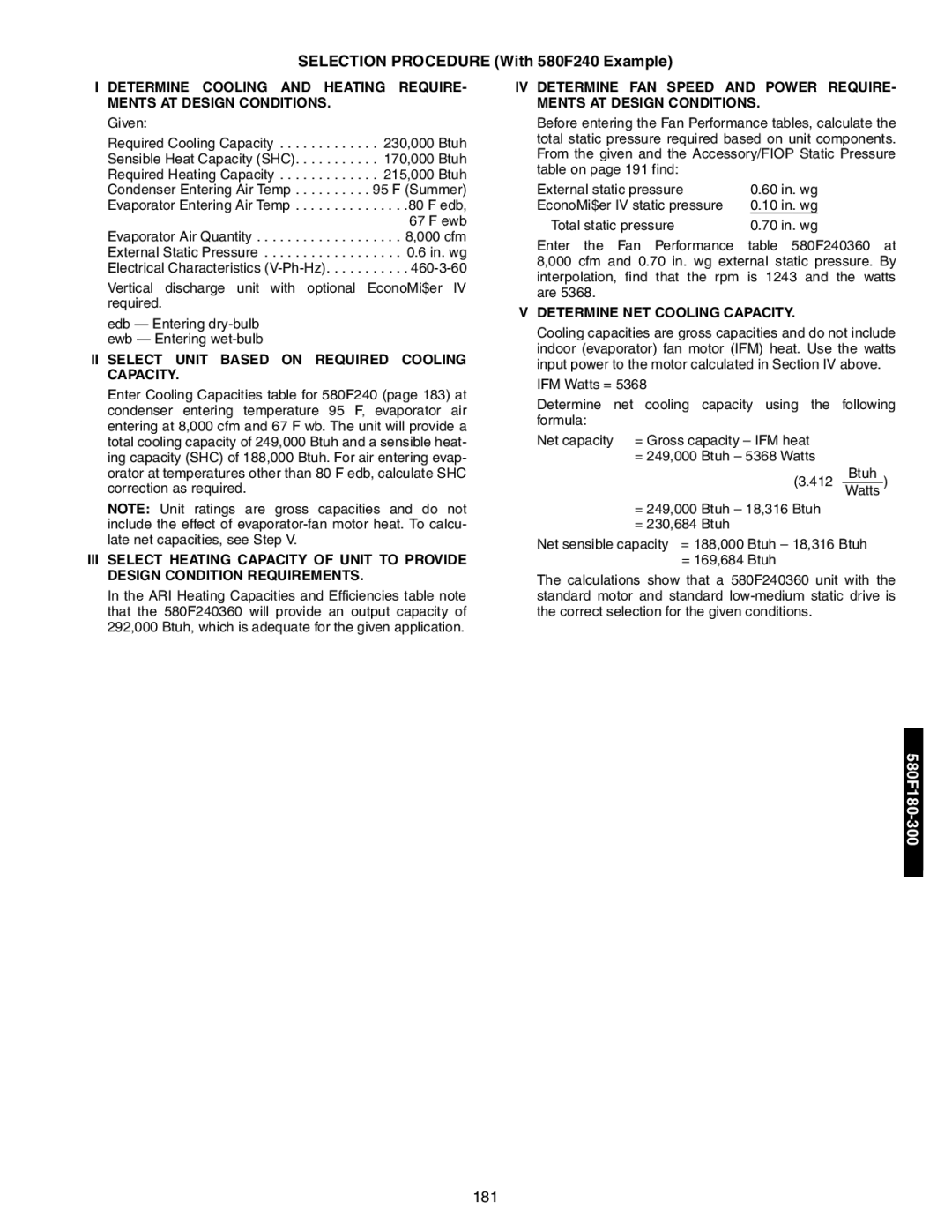 Bryant 581A/B manual Selection Procedure With 580F240 Example, II Select Unit Based on Required Cooling Capacity 