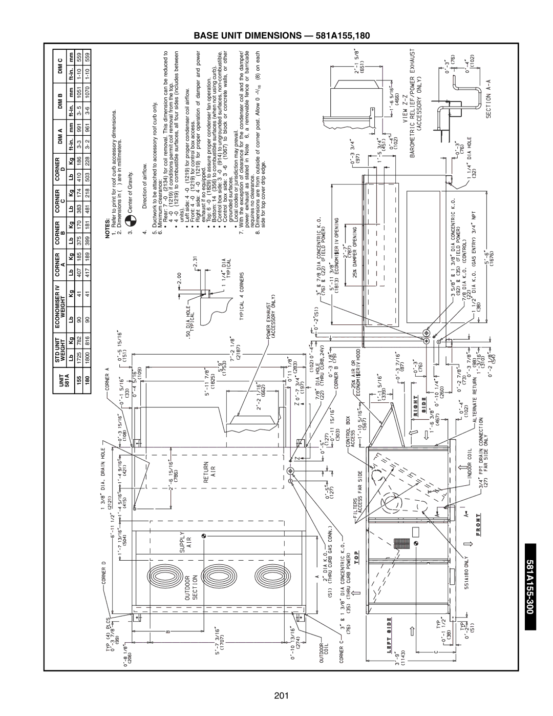 Bryant 581A/B manual Base Unit Dimensions 581A155,180, 300-581A155 