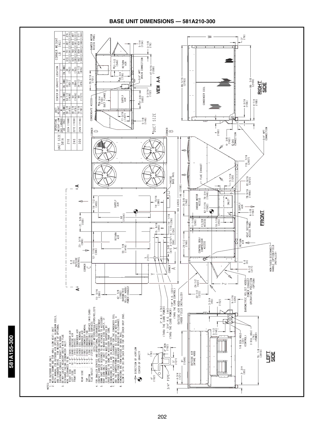 Bryant 581A/B manual Base Unit Dimensions 581A210-300, 202 