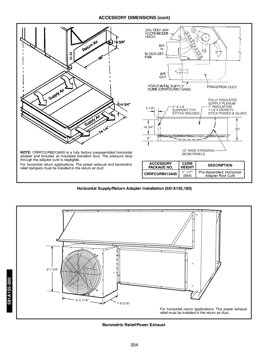 Bryant 581A/B manual Accessory Dimensions, Horizontal Supply/Return Adapter Installation 581A155,180 