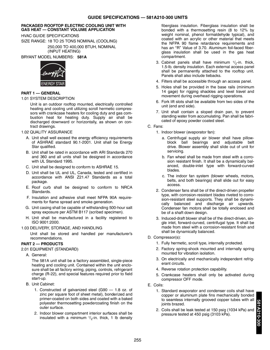 Bryant 581A/B manual Guide Specifications 581A210-300 Units 