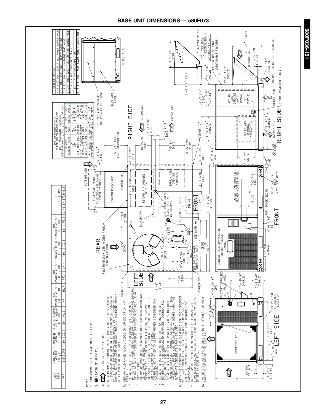 Bryant 581A/B manual Base Unit Dimensions 580F073 