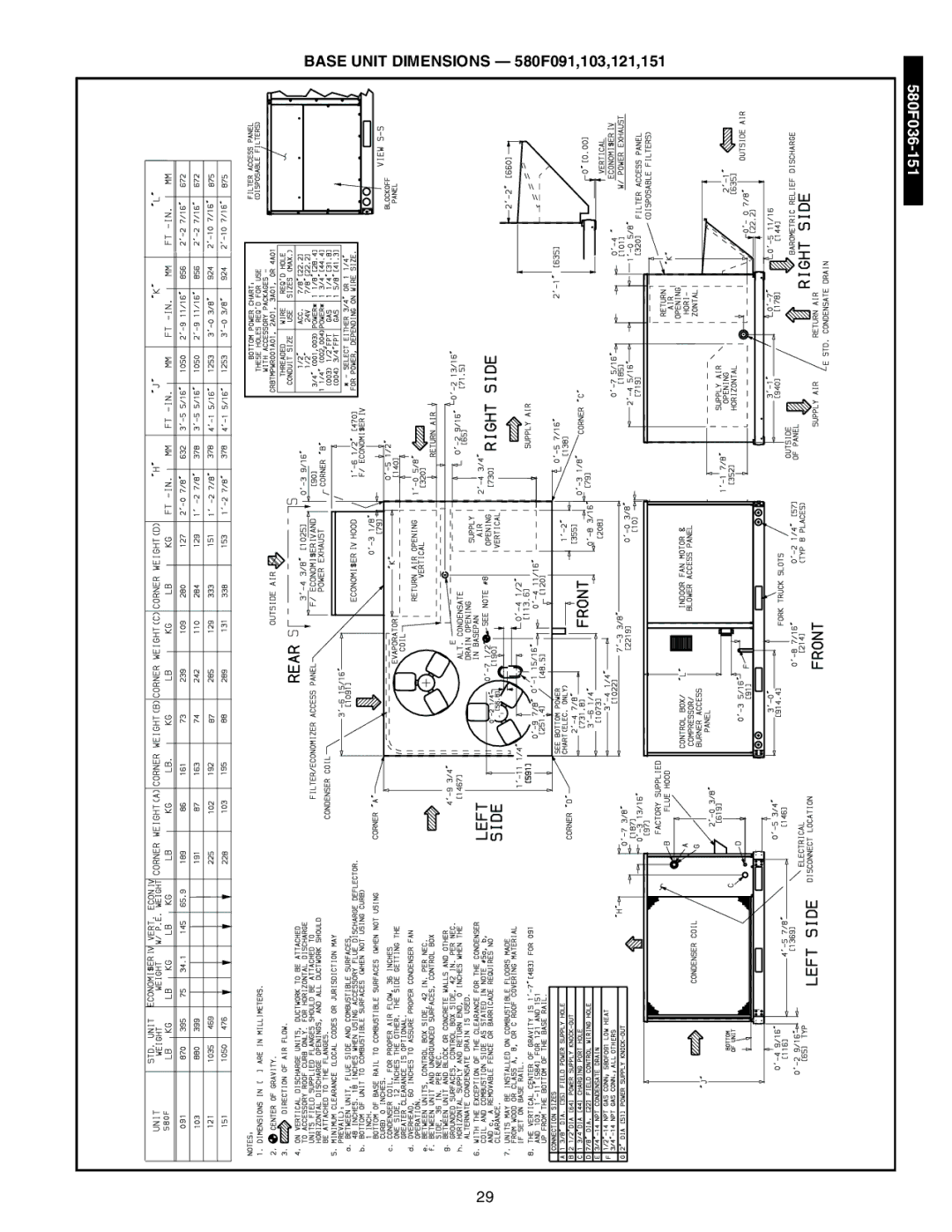 Bryant 581A/B manual Base Unit Dimensions 580F091,103,121,151 