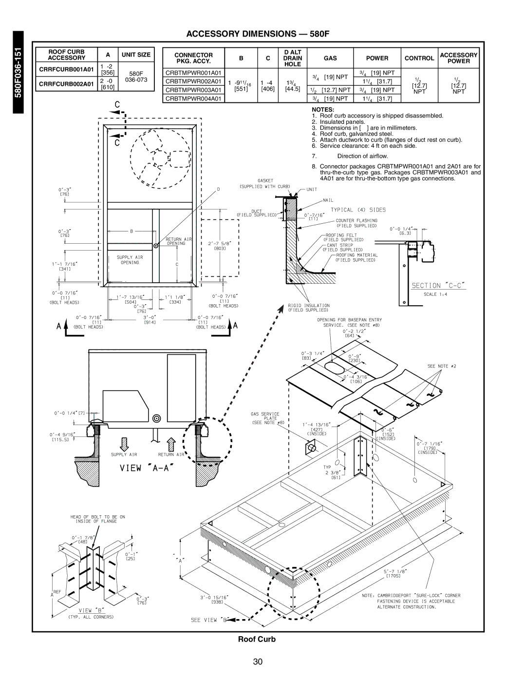 Bryant 581A/B manual Accessory Dimensions 580F, Roof Curb, Unit Size Accessory CRRFCURB001A01, CRRFCURB002A01 