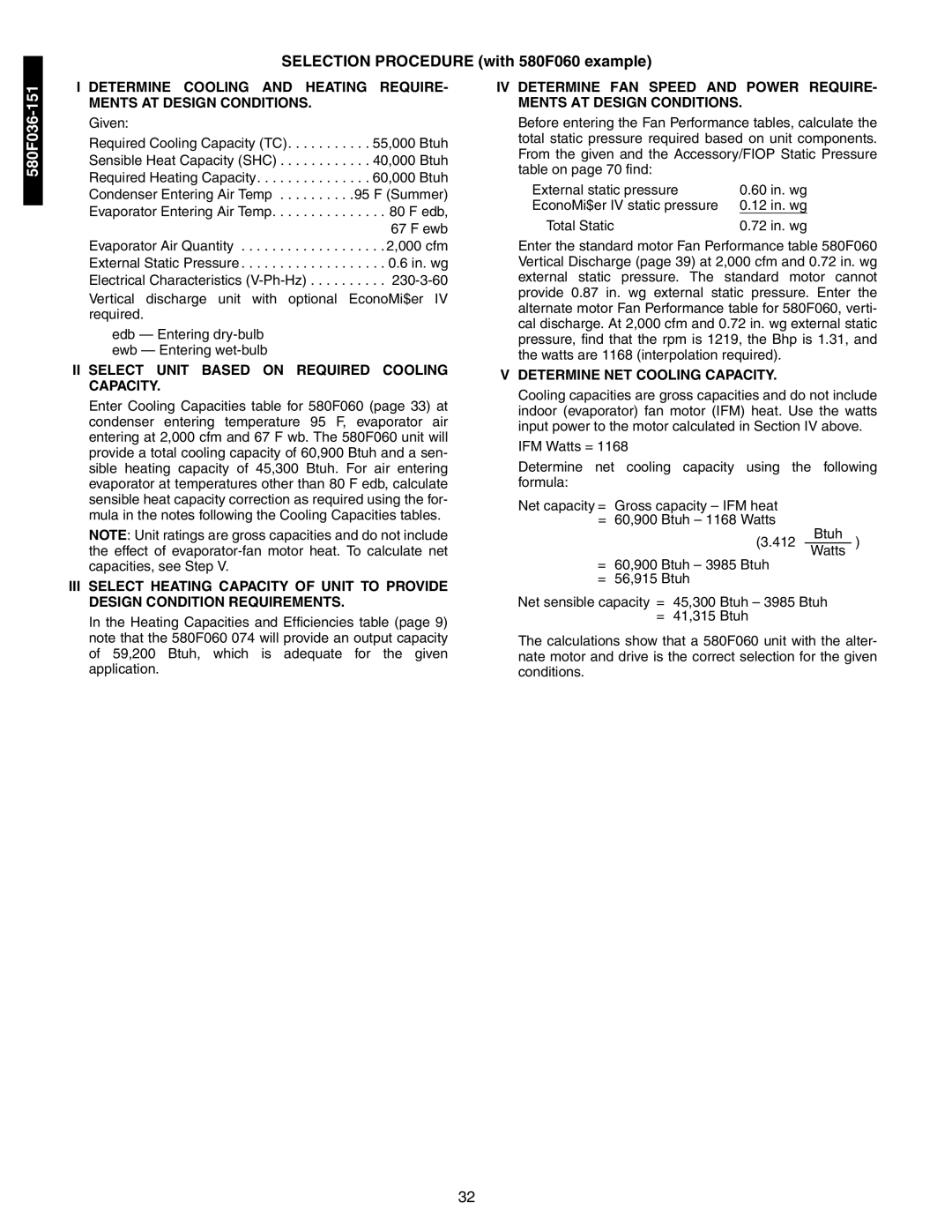 Bryant 581A/B manual Selection Procedure with 580F060 example, II Select Unit Based on Required Cooling Capacity 