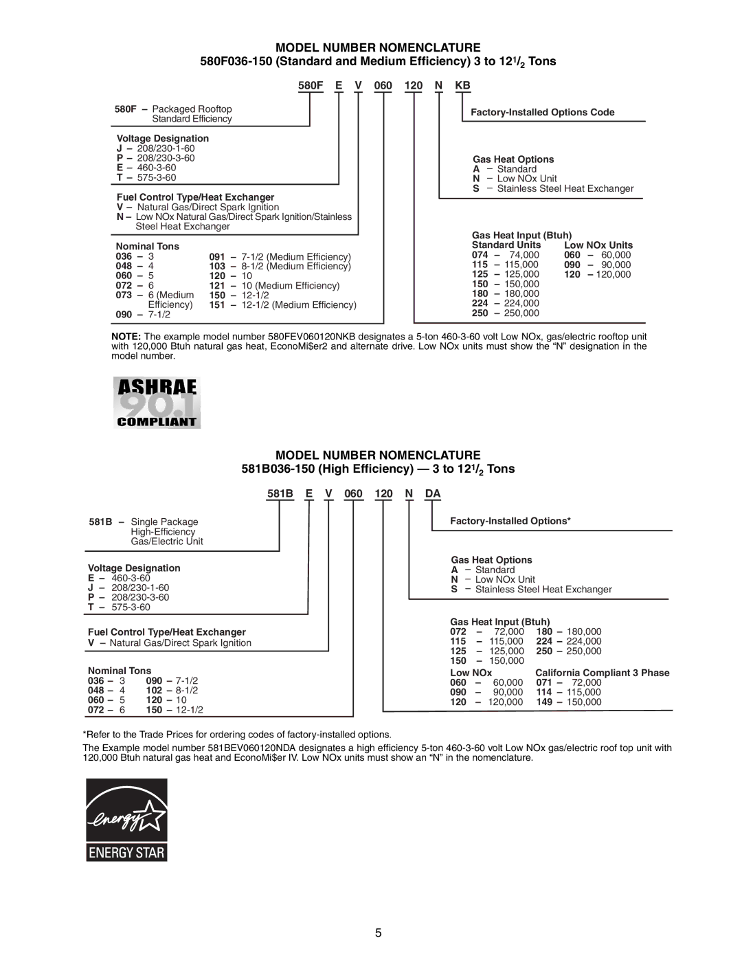 Bryant 581A/B Model Number Nomenclature, 580F036-150 Standard and Medium Efficiency 3 to 121/2 Tons, 580F E V 060 120 N KB 