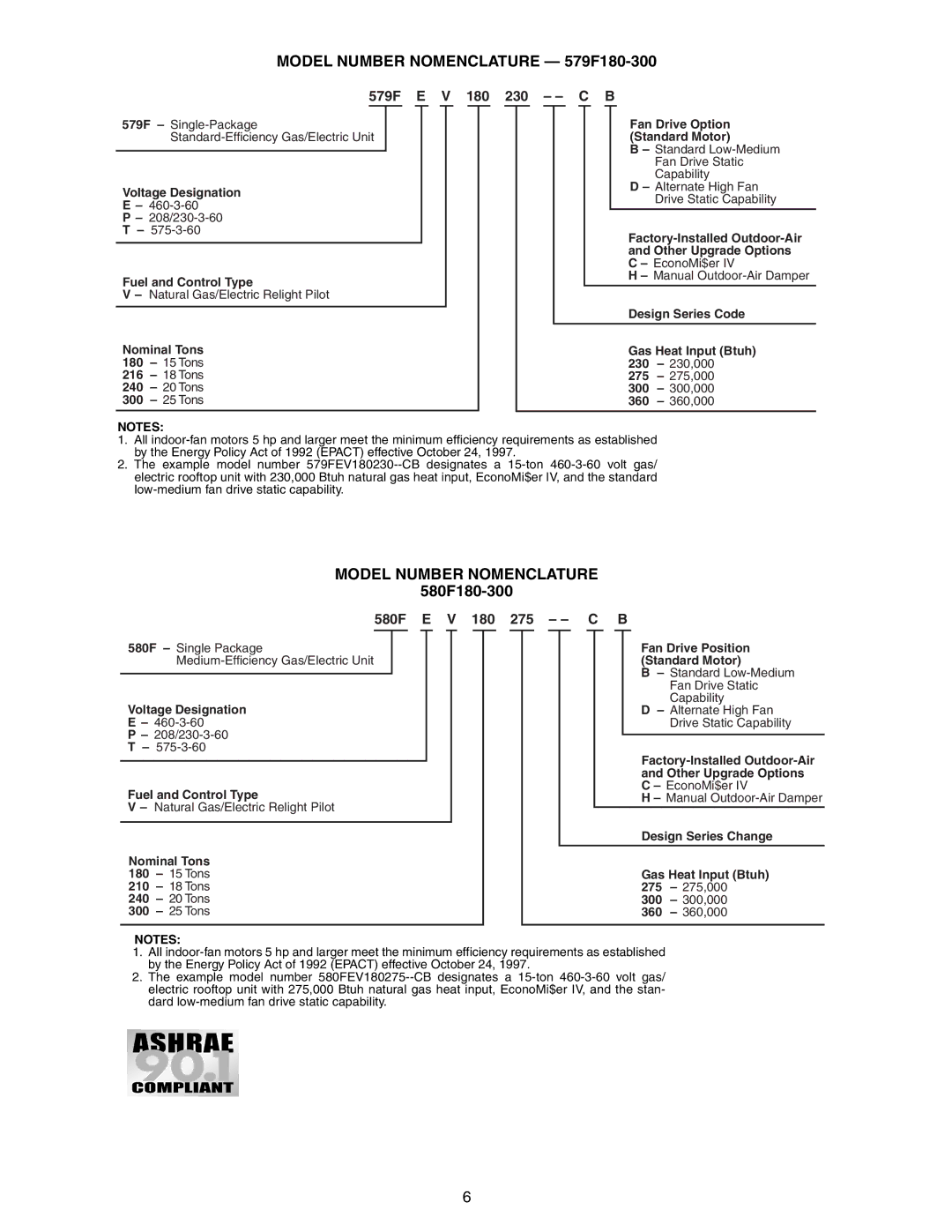 Bryant 581A/B manual Model Number Nomenclature 579F180-300, 580F180-300, 579F E V 180 230 - C B, 580F E V 180 275 - C B 