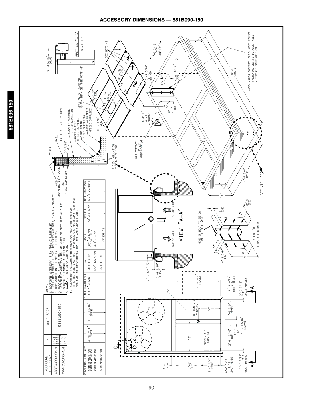 Bryant 581A/B manual Accessory Dimensions 581B090-150 