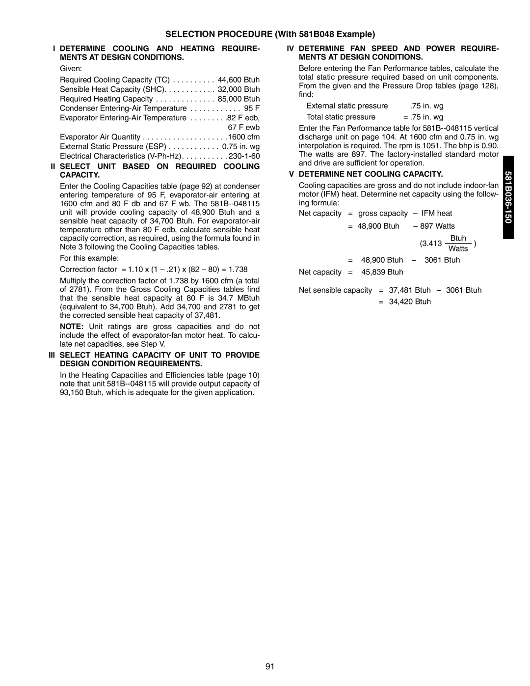 Bryant 581A/B manual Selection Procedure With 581B048 Example, II Select Unit Based on Required Cooling Capacity 