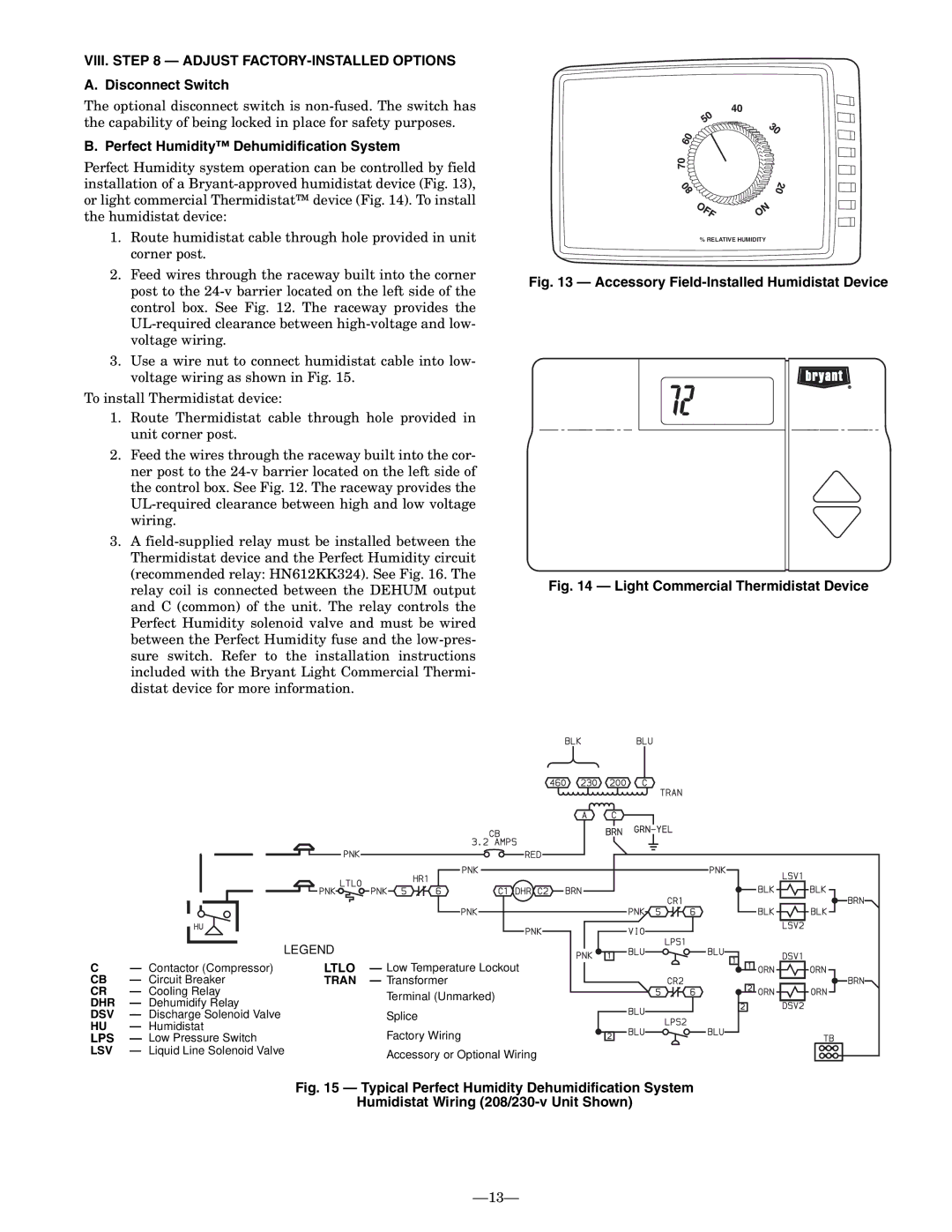 Bryant 581B VIII. Adjust FACTORY-INSTALLED Options, Disconnect Switch, Perfect Humidity Dehumidification System, Lps 