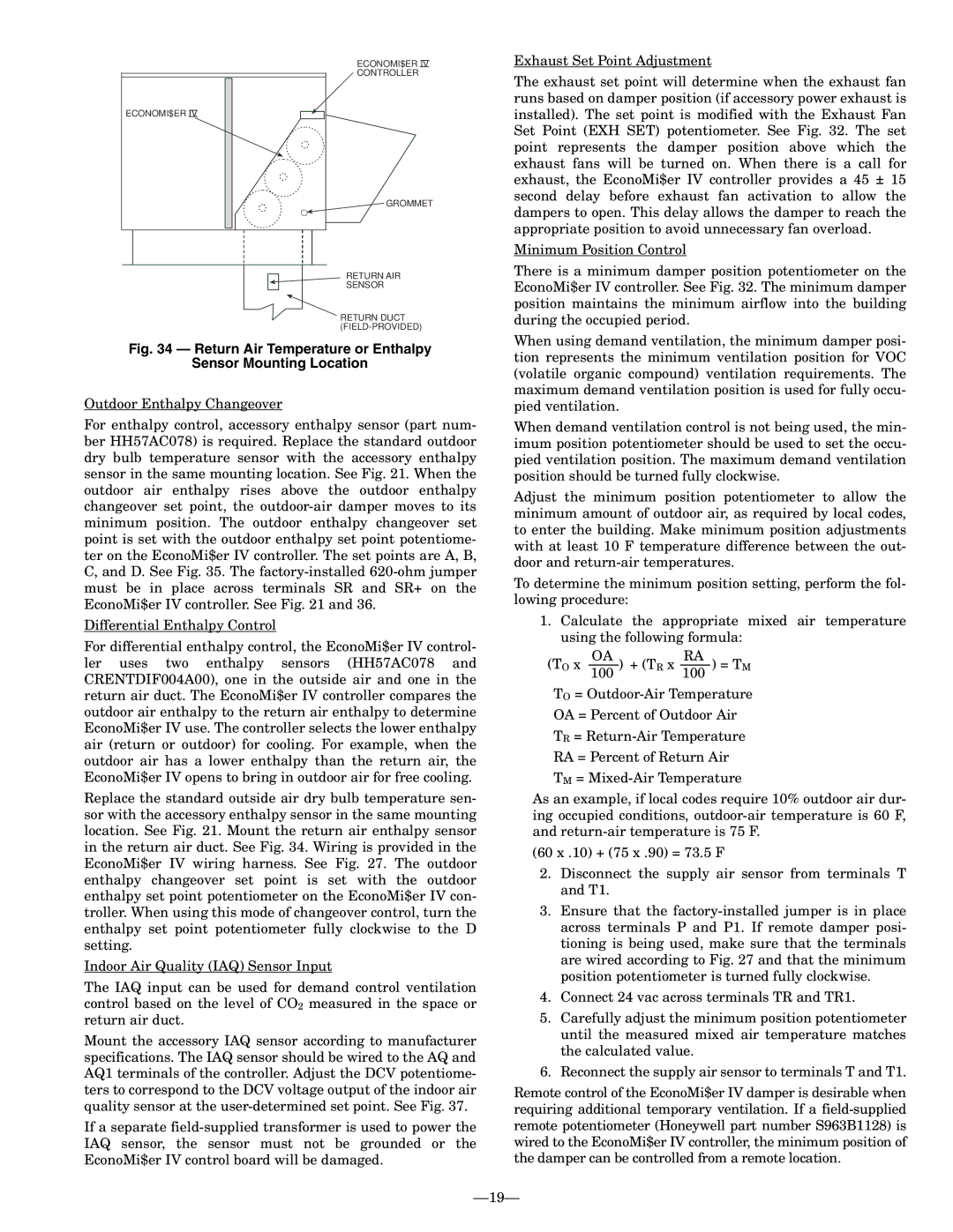 Bryant 581B installation instructions Return Air Temperature or Enthalpy Sensor Mounting Location 