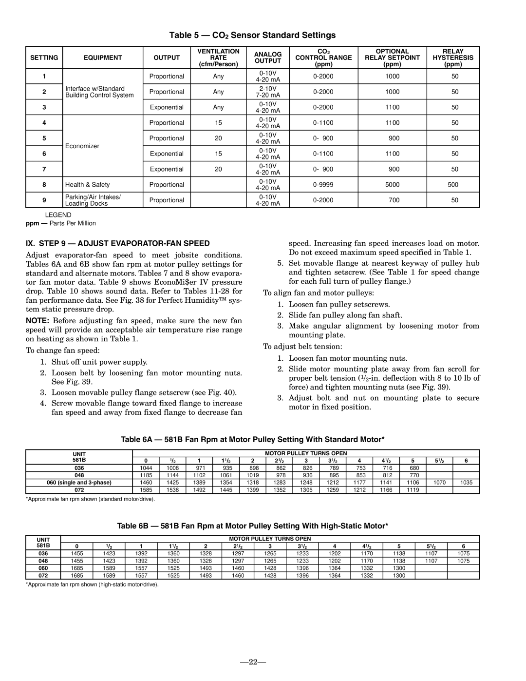 Bryant IX. Adjust EVAPORATOR-FAN Speed, 581B Fan Rpm at Motor Pulley Setting With Standard Motor 