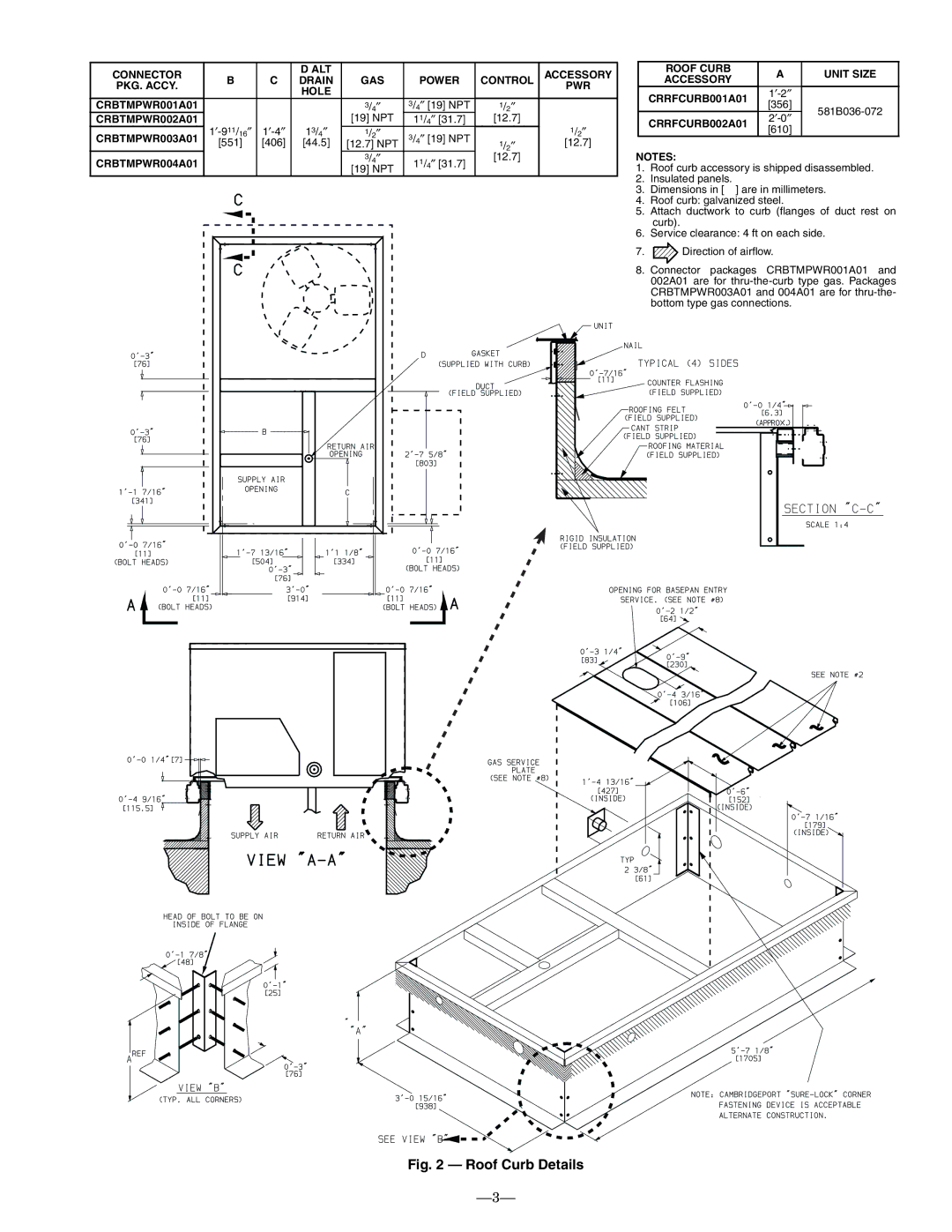 Bryant 581B CRBTMPWR001A01, CRBTMPWR002A01, CRBTMPWR003A01, CRBTMPWR004A01, Roof Curb Unit Size Accessory CRRFCURB001A01 