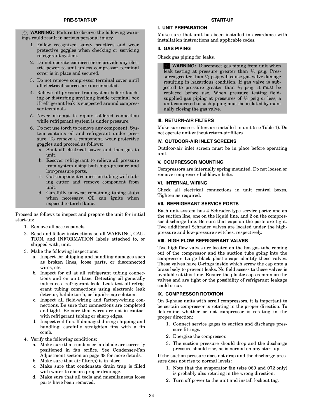 Bryant 581B Pre-Start-Up, START-UP Unit Preparation, II. GAS Piping, III. RETURN-AIR Filters, Compressor Mounting 