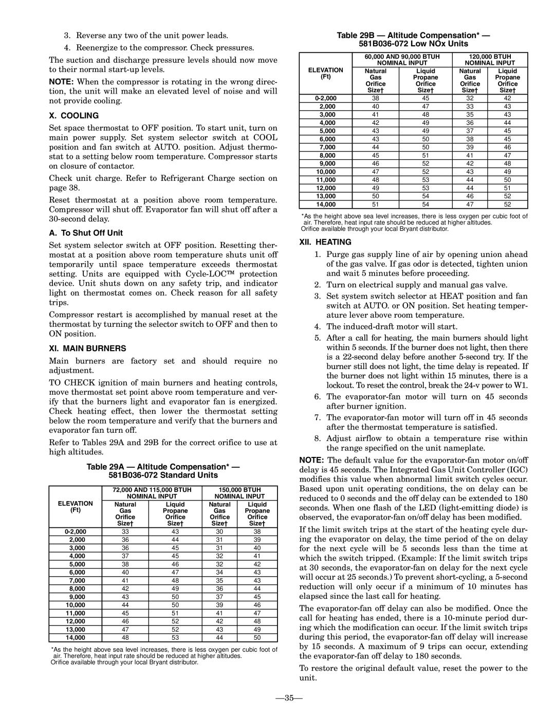 Bryant 581B installation instructions Cooling, XI. Main Burners, XII. Heating 