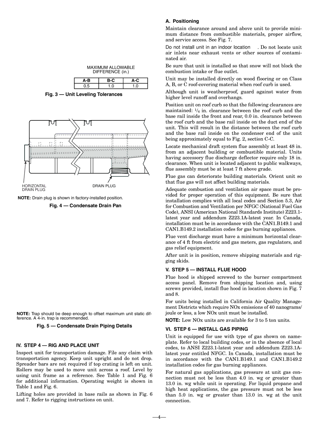 Bryant 581B installation instructions IV. RIG and Place Unit, Positioning, Install Flue Hood, VI. Install GAS Piping 