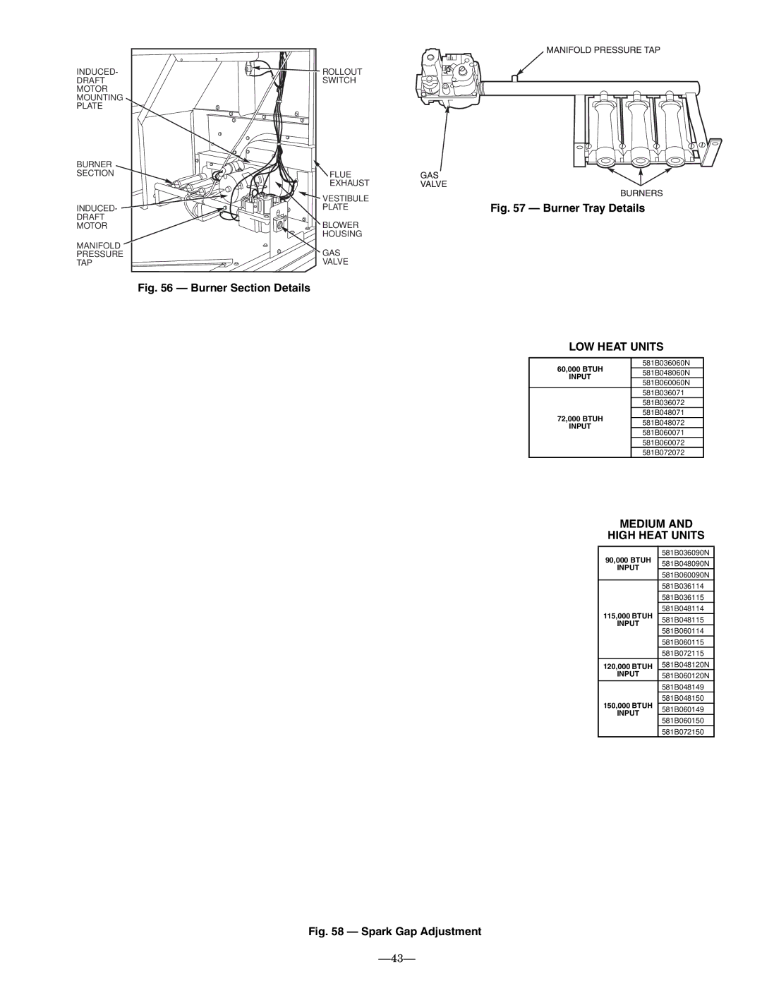 Bryant 581B installation instructions LOW Heat Units, Medium High Heat Units 