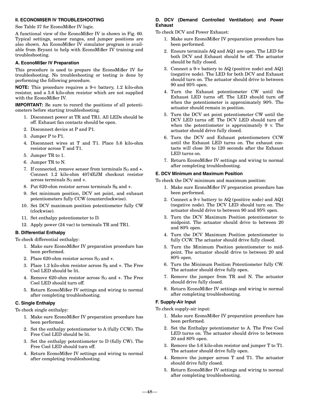 Bryant 581B installation instructions II. ECONOMI$ER IV Troubleshooting 