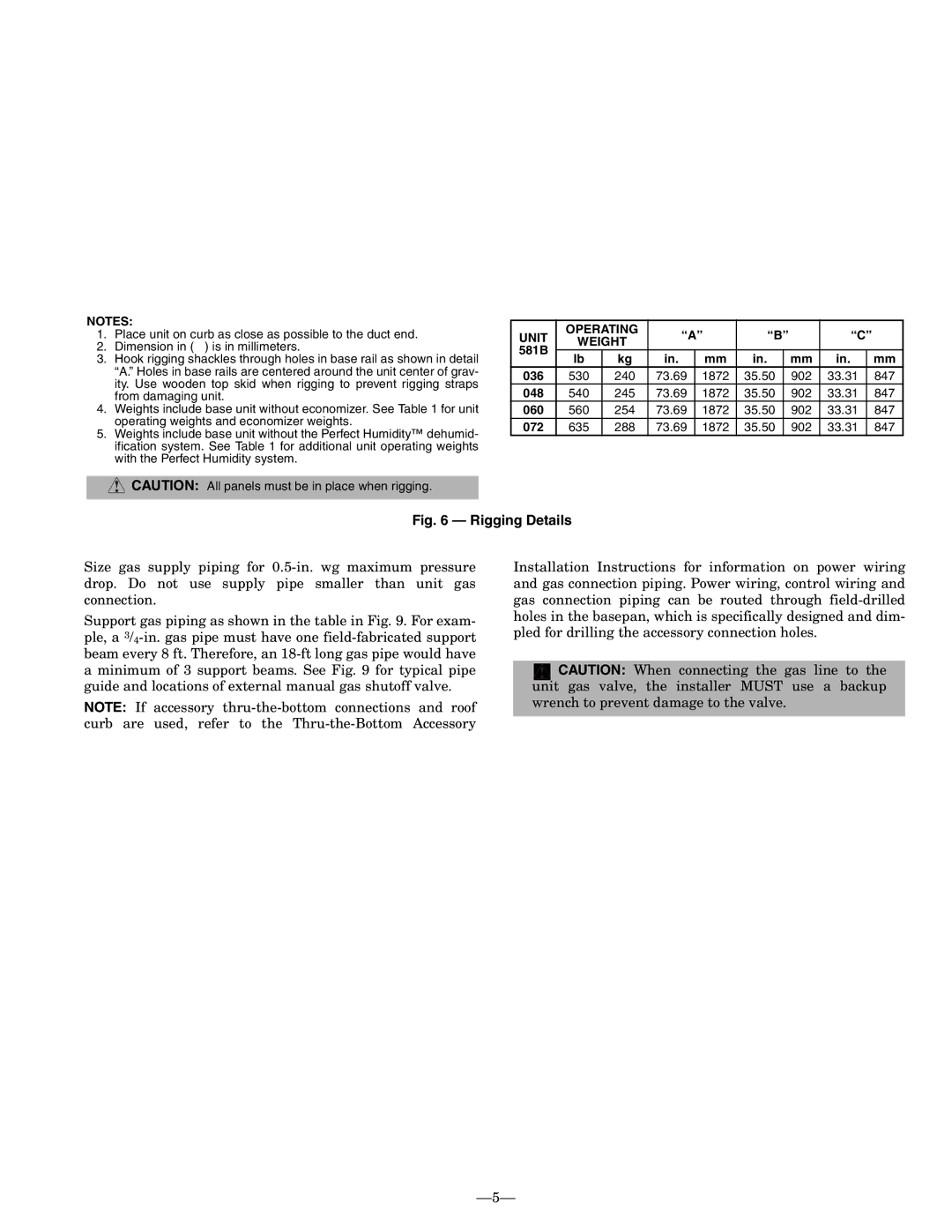 Bryant installation instructions Unit Operating Weight, 581B 036, 048, 060, 072 